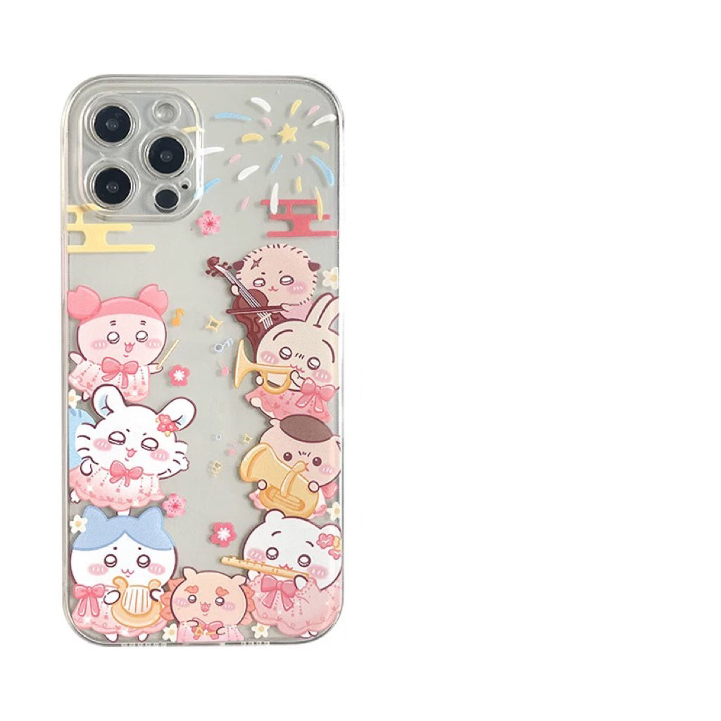 Japanese Cartoon ChiiKawa | Music Party with Firework Chiikawa Hachiware Usagi Momonga Kurimanju Rakko Shisa Crab Clear Laser - iPhone Case 11 12 13 14 15 16 Pro Promax