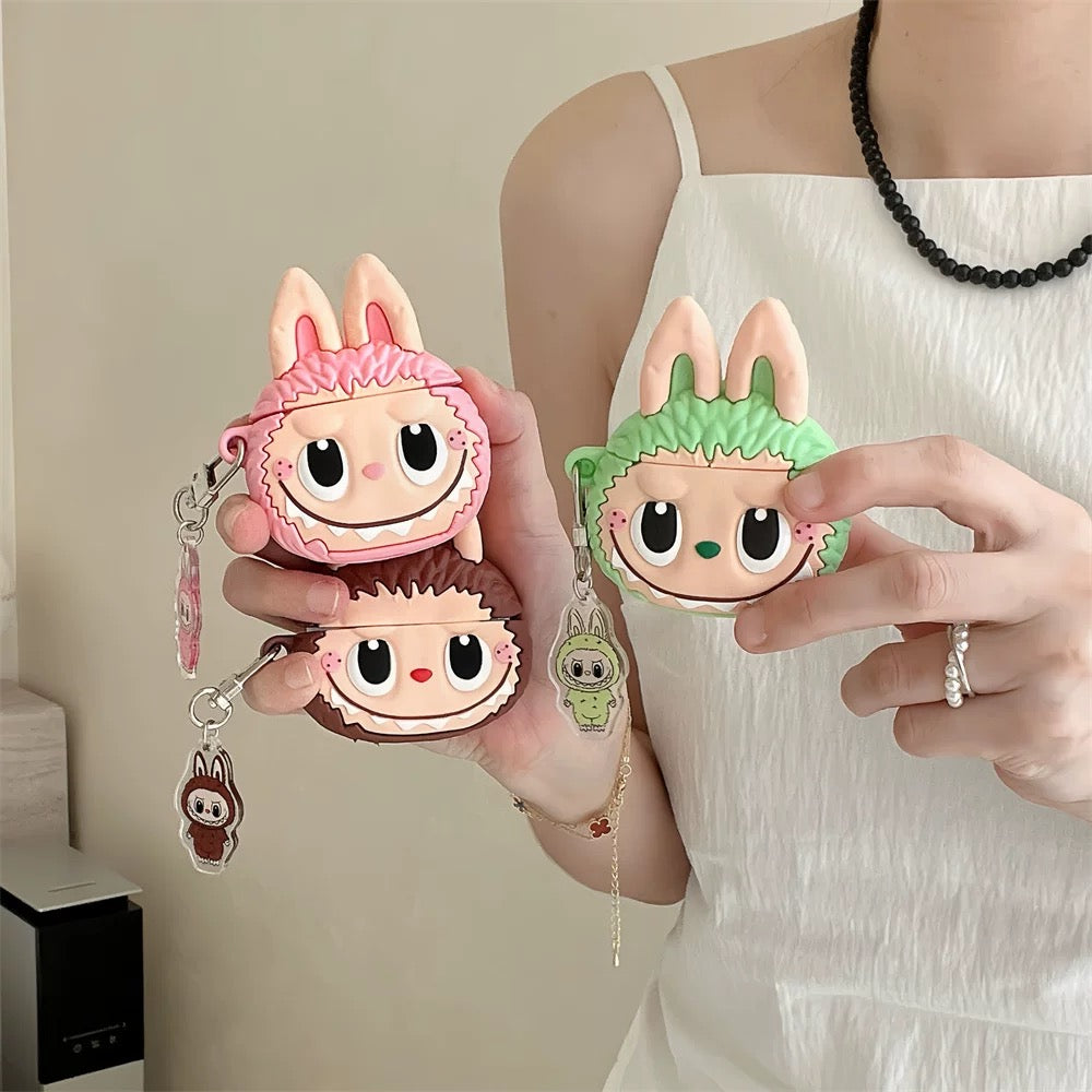 Cute Cartoon Silicone Labubu with Keychain | Brown Pink Green - AirPods AirPodsPro AirPods3 Case