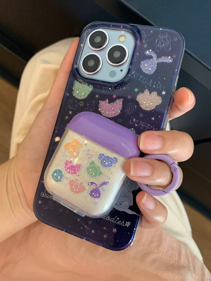 Japanese Cartoon Teddy Bear Starry Summer Night Melodies -  AirPods AirPodsPro AirPods3 Case Purple and White