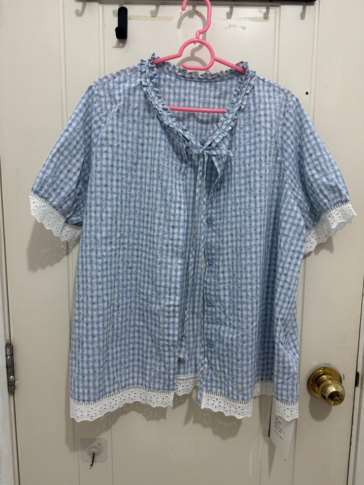 Japanese Fashion Cute Style Mori Series | Blue Grid with Flower Shirt - Kawaii Fashion Items