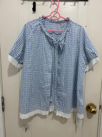 Japanese Fashion Cute Style Mori Series | Blue Grid with Flower Shirt - Kawaii Fashion Items