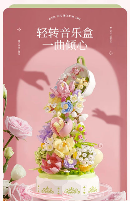 Mini Block Building Romantic Flower Express Love Music Box - with LED Lights Valentine Wedding Gift DIY Handmade Gift
