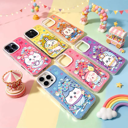 Japanese Cartoon ChiiKawa Happy Amusement Park Laser Case | Chiikawa Hachiware Usagi Momonga Shisa Crab - iPhone Case 11 12 13 14 15 16 16e 17 17e Pro Promax