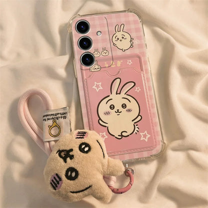 Japanese Cartoon Chiikawa | ChiiKawa Hachiware Usagi with Card Holder & Handle Strap - Phone Case Samsung Galaxy S25 S24 S23 S22 S21 FE Ultra Edge