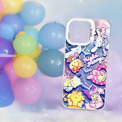 Japanese Cartoon Sanrio Summer Night Party Laser Case | Hello Kitty My Melody Kuromi Cinnamoroll Pompompurin Pochacco - iPhone Case 11 12 13 14 15 16 16e 17 17e 18 Pro Promax