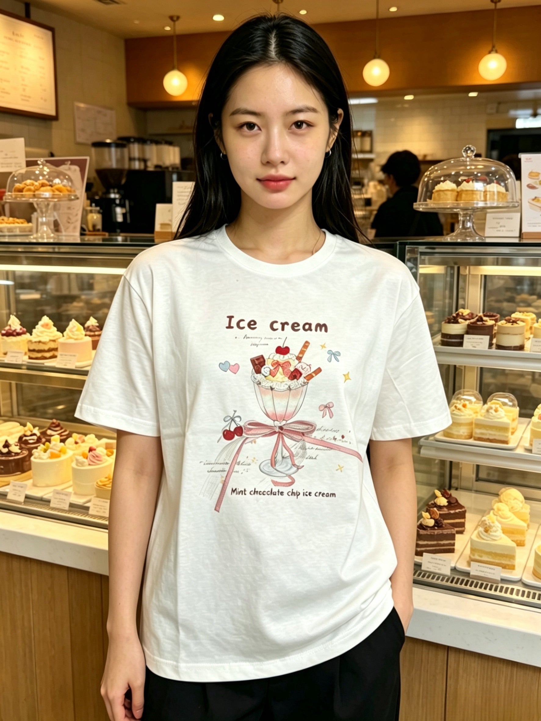 Korean Fashion Cute Sweets Style T-Shirt Series | Ice Cream Cup with Cat - Kawaii Fashion Items