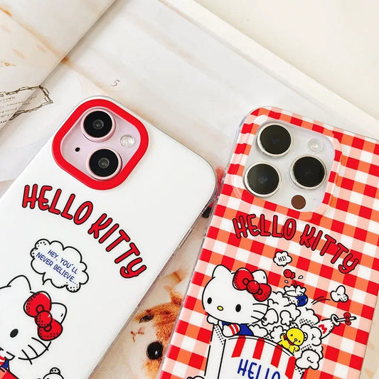 Japanese Cartoon Sanrio Hello Kitty | White Goldfish & Red Popcorn - iPhone Case 13 14 15 Pro Promax KawaiiGiftLand