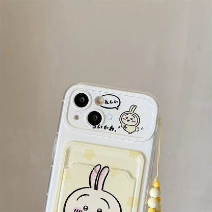 Japanese Cartoon Chiikawa | ChiiKawa Hachiware Usagi Happy Outing with Card Holder & Handle Strap - Phone Case Samsung Galaxy S25 S24 S23 S22 S21 FE Ultra Edge