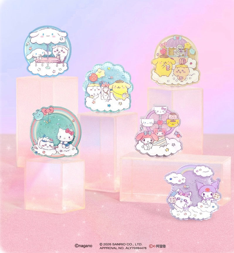 ChiiKawa X Miniso X Sanrio Series | ChiiKawa Hachiware Usagi Momonga Kurimanju Playing with Kitty My Melody Cinnamoroll Pompompurin Liquid Quicksand Acrylic Badge - Kawaii Items Room Decoration