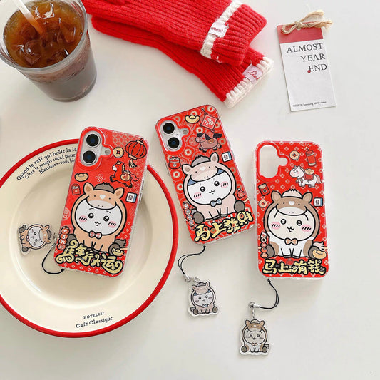 Japanese Cartoon ChiiKawa Laser Phone Case with Strap | Red Horse ChiiKawa Hachiware Usagi - Phone Case Samsung Galaxy S26 S25 S24 S23 S22 S21 FE Ultra Edge