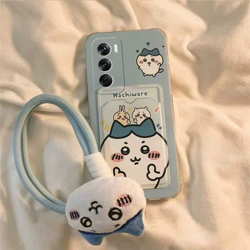 Japanese Cartoon Chiikawa | ChiiKawa Hachiware Usagi Happy Good with Card Holder & Handle Strap - Phone Case Samsung Galaxy S25 S24 S23 S22 S21 FE Ultra Edge