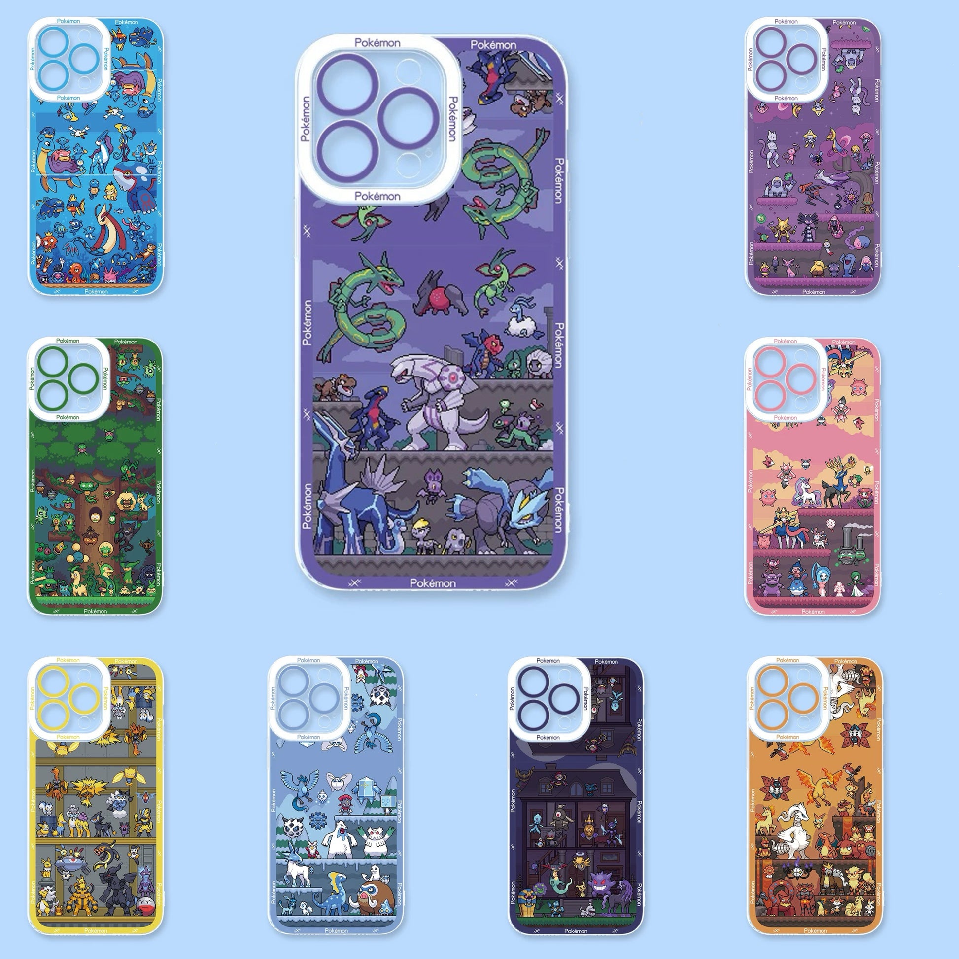 Japan Cartoon Pokemon Pixel Group Type Verison | Dragon Water Grass Electric Ice Ghost Psychic Fairy Fire - iPhone Case PLUS SE2 XS XR X 11 12 13 14 15 16 16e 17 17e Pro Promax 12mini 13mini