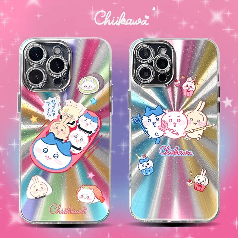 Japanese Cartoon ChiiKawa | Sushi Car & Fighting Chiikawa Hachiware Usagi Rainnbow Light Laser - iPhone Case 11 12 13 14 15 16 Pro Promax