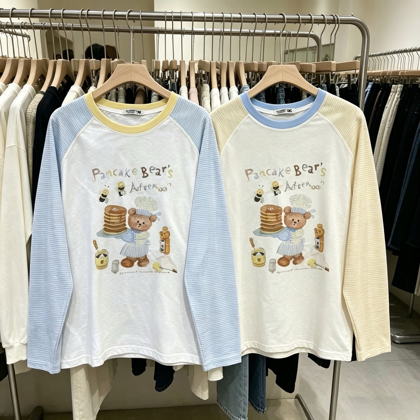 Korean Fashion Cute Animals Style Long-sleeved Sun Protection T-Shirt Series | Chef Cook Pancake Bear's Afternoon - Kawaii Fashion Items