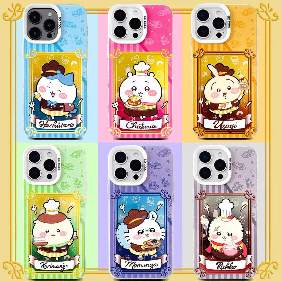 Japanese Cartoon ChiiKawa Cafe Cake Chef Laser Case | Chiikawa Hachiware Usagi Momonga Kurimanju Rakko 6 Styles - iPhone Case 11 12 13 14 15 16 16e 17 17e Pro Promax