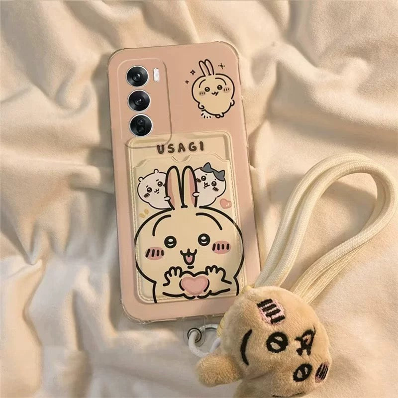 Japanese Cartoon Chiikawa | ChiiKawa Hachiware Usagi Happy Good with Card Holder & Handle Strap - Phone Case Samsung Galaxy S25 S24 S23 S22 S21 FE Ultra Edge