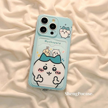 Japanese Cartoon Chiikawa | ChiiKawa Hachiware Usagi Happy Good with Card Holder & Handle Strap - iPhone Case 11 12 13 14 15 16 17 Pro Promax