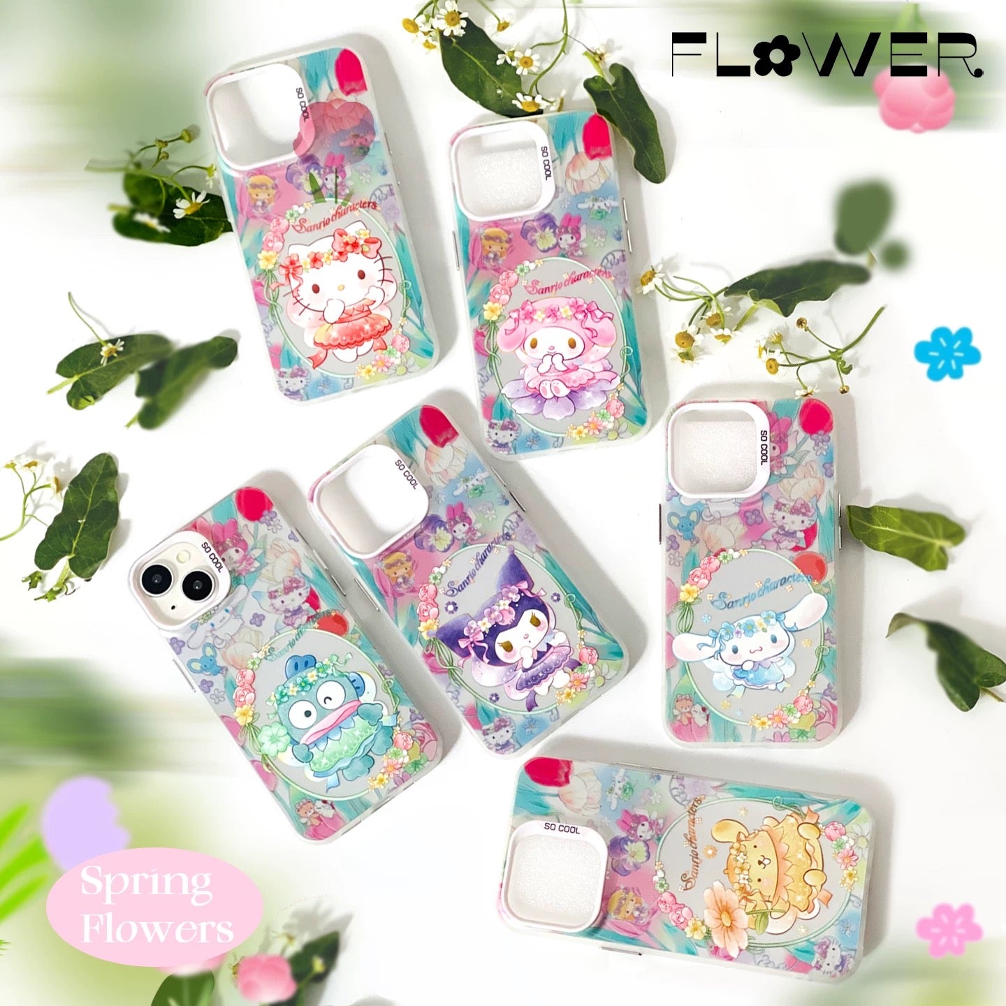 Japanese Cartoon Sanrio Spring Flower Fairy | Hello Kitty My Melody Kuromi Cinnamoroll Pompompurin Hangyodon Laser Silver - iPhone Case 11 12 13 14 15 16 16e Pro Promax - KawaiiGiftLand