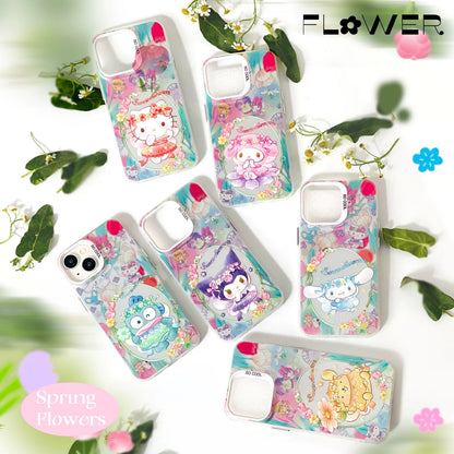 Japanese Cartoon Sanrio Spring Flower Fairy | Hello Kitty My Melody Kuromi Cinnamoroll Pompompurin Hangyodon Laser Silver - iPhone Case 11 12 13 14 15 16 16e Pro Promax - KawaiiGiftLand
