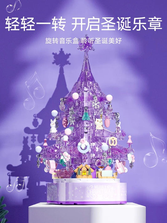 Mini Block Building Block Crystal Christmas Tree Music Box | Purple - DIY Handmade Xmas Gift
