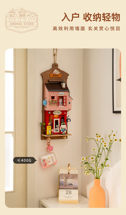 Craft Kits Wooden Hook Key Hanger | Animal Store - DIY Handmade Mini World Miniature Gift with LED Light Room Decoration