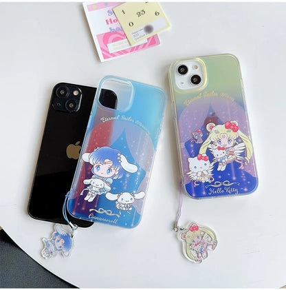 Japanese Cartoon iPhone Case with Strap | Laser Sailor Girl X Hello Kitty Kuromi Cinnamorll Pompompurin - iPhone Case Phone Case 7 8 PLUS SE2 XS XR X 11 12 13 14 15 Pro Promax 12mini 13mini