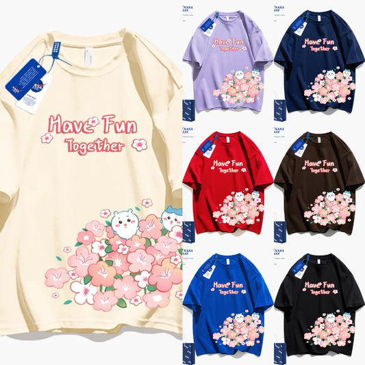 Japanese Cartoon ChiiKawa Casual Style T-Shirt Series | Chiikawa Hachiware Have Fun with Flower 2 - Kawaii Fashion Items