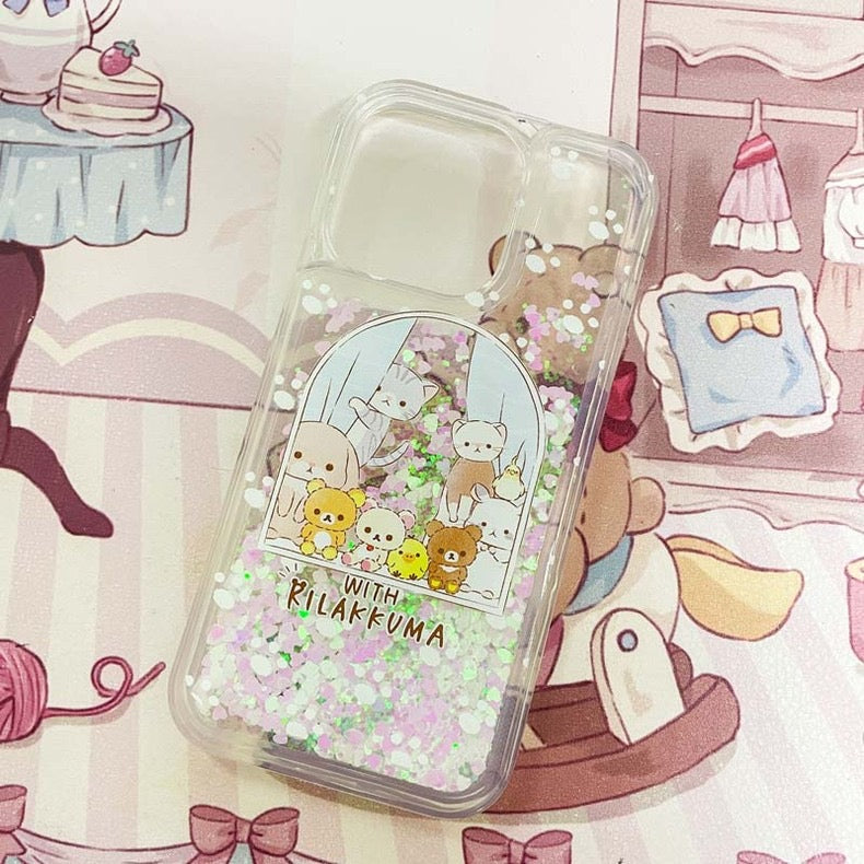 Japanese Cartoon Rilakkuma Sweet Home with Animals - Silver Glitter QuickSand iPhone Case 6 7 8 PLUS SE2 XS XR X 11 12 13 14 15 Pro Promax 12mini 13mini
