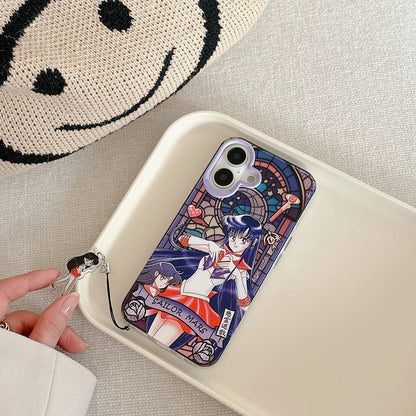 Japanese Cartoon Sailor Moon Phone Case with Strap Comic Version | Laser Glass Window Sailor Moon Mercury Mars Jupiter Venus - Phone Case Samsung Galaxy S26 S25 S24 S23 S22 S21 FE Ultra Edge