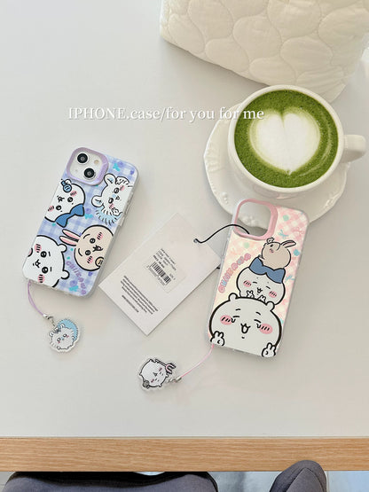 Japanese Cartoon iPhone Case with Strap | Laser Playing Group ChiiKawa Hachiware Usagi Momonga - iPhone CasePhone Case  7 8 PLUS SE2 XS XR X 11 12 13 14 15 Pro Promax 12mini 13mini