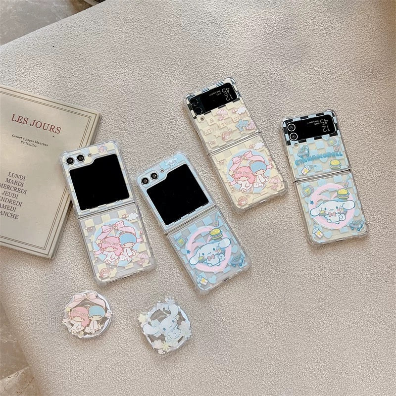 Cute Cartoon Case with Phone Stand | Checkered Yellow LittleTwinStars Blue Cinnamoroll - Phone Case Samsung Galaxy Z Flip 3 4 5 6 W24 W23