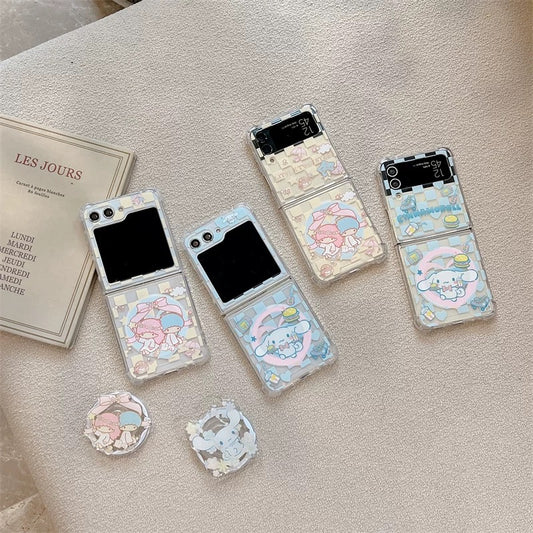 Cute Cartoon Case with Phone Stand | Checkered Yellow LittleTwinStars Blue Cinnamoroll - Phone Case Samsung Galaxy Z Flip 3 4 5 6 W24 W23