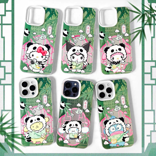 Japanese Cartoon Sanrio Become Panda Laser Case | Hello Kitty My Melody Kuromi Cinnamoroll Pompompurin Hangyodon 6 Styles - iPhone Case 11 12 13 14 15 16 16e 17 17e Pro Promax