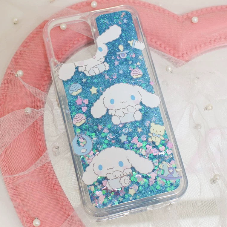 Japanese Cartoon Cinnamoroll Baby Angel - Silver Pink Heart Glitter QuickSand iPhone Case 6 7 8 PLUS SE2 XS XR X 11 12 13 14 15 Pro Promax 12mini 13mini