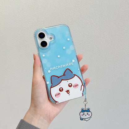 Japanese Cartoon ChiiKawa Gittler Colour Clear Case with Phone Strape | Say Hi Chiikawa Hachiware Usagi Momonga - iPhone Case Plus SE2 11 12 13 14 15 16 16e 17 17e Pro Promax 12mini 13mini