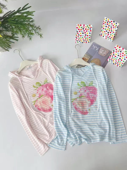 Korean Fashion Cute Fruits Style Long-sleeved Sun Protection T-Shirt Series | Strawberry Hoodie - Kawaii Fashion Items