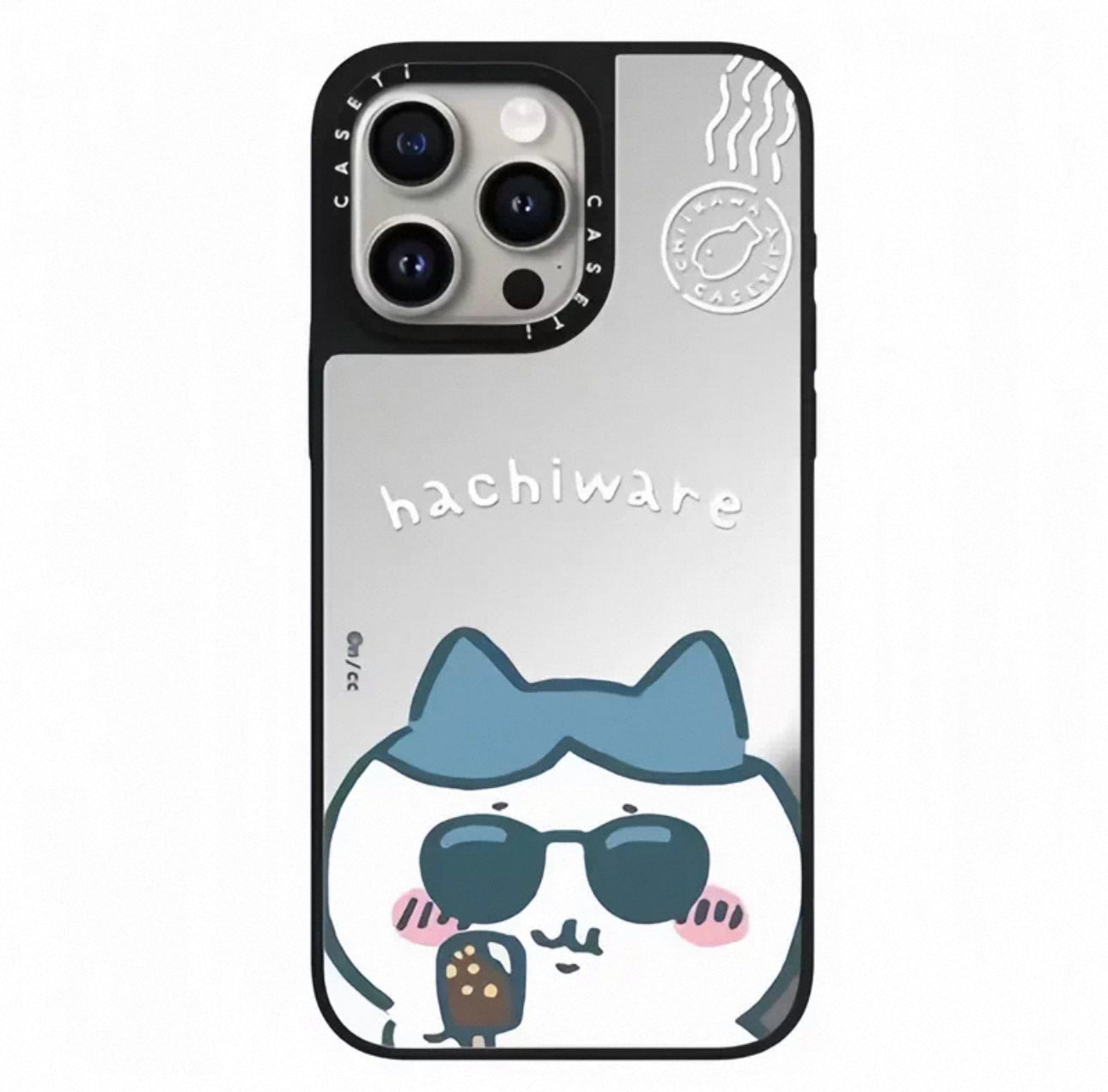 Japanese Cartoon ChiiKawa Mirror Phone Case | ChiiKawa Hachiware Usagi Wear Sunglass and Eating Icecream Silver - iPhone Case 11 12 13 14 15 16 17 Pro Promax