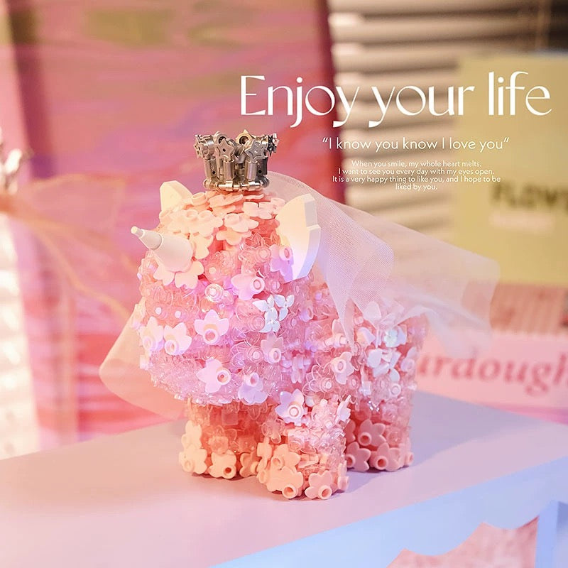 Mini Block Building Block Flower Unicorn | Pink Purple - with LED Lights Valentine Wedding Gift DIY Handmade Gift