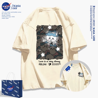 Japanese Cartoon ChiiKawa Casual Style T-Shirt Series | Hachiware with Night Stars Front & Back - Kawaii Fashion Items