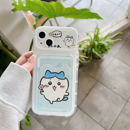 Japanese Cartoon Chiikawa | ChiiKawa Hachiware Usagi Happy Outing with Card Holder & Handle Strap - Phone Case Samsung Galaxy S25 S24 S23 S22 S21 FE Ultra Edge