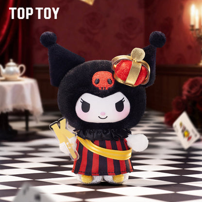 Kuromi Poker Kingdom KING plush pendant in a black hood with a red-and-gold crown, striped robe and gold sceptre