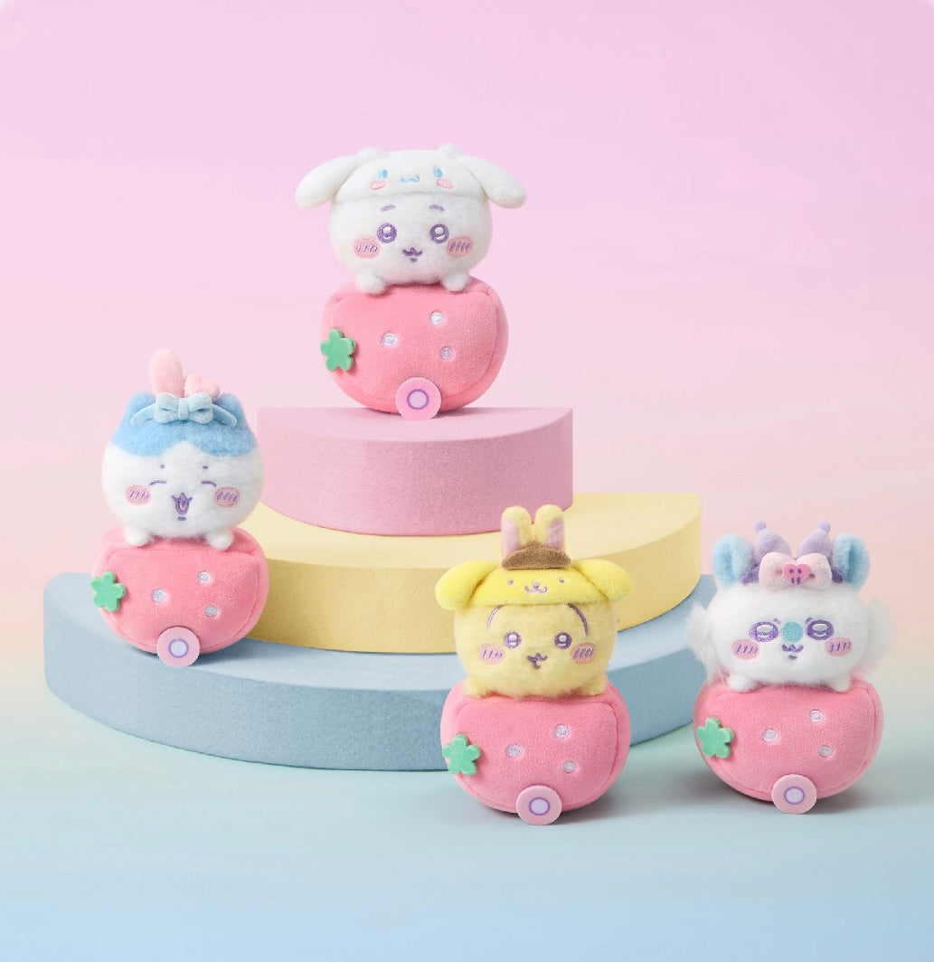 ChiiKawa X Miniso X Sanrio Series | ChiiKawa Hachiware Usagi Momonga Riding Strawberry Car Plush Doll Keychain - Kawaii Items Room Decoration doll