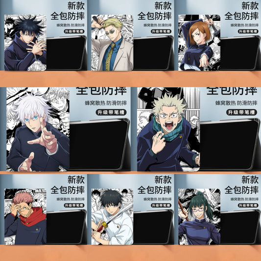 Japanese Anime Jujutsu Kaisen Comic Anime Style Protect Case with Pen Holder | Satoru Inumaki Toge Megumi Nanami Kugisaki Nobara Yuji Ryomen Sukuna Okkotsu Yuta Zenin Maki - iPad Mini 4,5,6,7 / iPad Air / iPad Pro 2025 2024 2022 2021 2020 2018