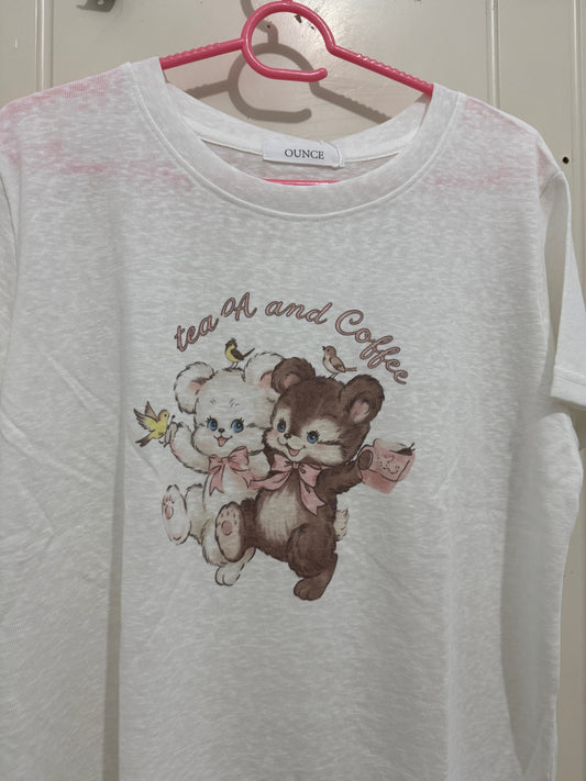 韓国ファッション かわいいアニマルスタイルTシャツシリーズ | ヴィンテージベアカップルと小鳥たち - かわいいファッションアイテム