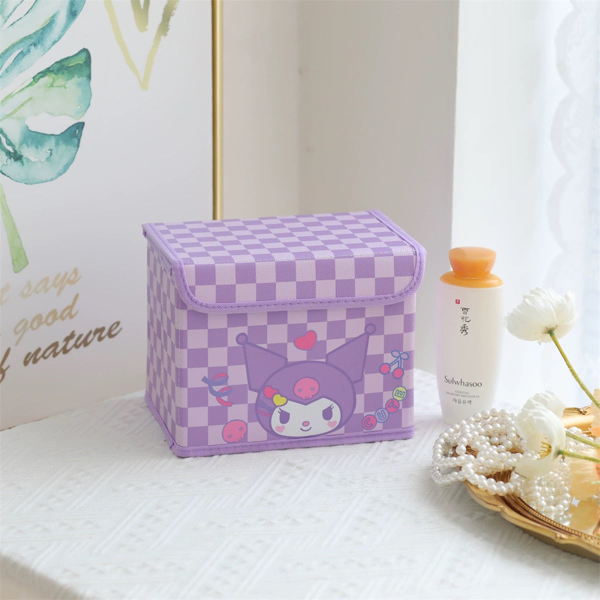 Japanese Cartoon Checkered Storage Box with Cover | Hello Kitty My Melody Kuromi Little Twin Stars Cinnamoroll Pompompurin Pochacco - Bedroom Girl Gift