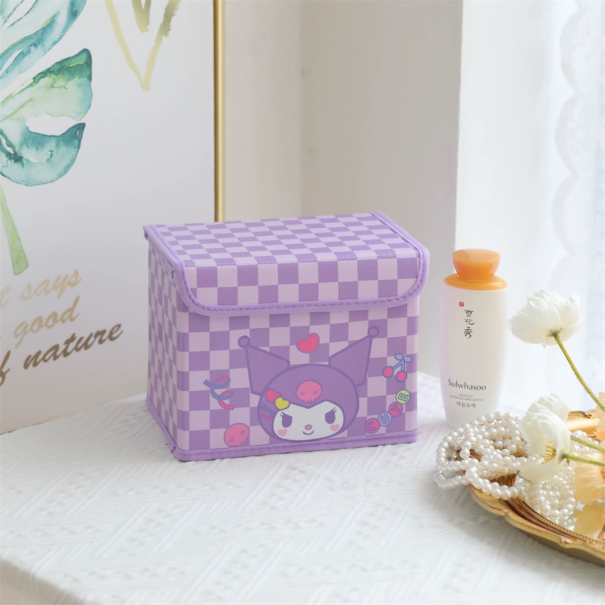Japanese Cartoon Checkered Storage Box with Cover | Hello Kitty My Melody Kuromi Little Twin Stars Cinnamoroll Pompompurin Pochacco - Bedroom Girl Gift KawaiiGiftLand