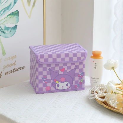 Japanese Cartoon Checkered Storage Box with Cover | Hello Kitty My Melody Kuromi Little Twin Stars Cinnamoroll Pompompurin Pochacco - Bedroom Girl Gift