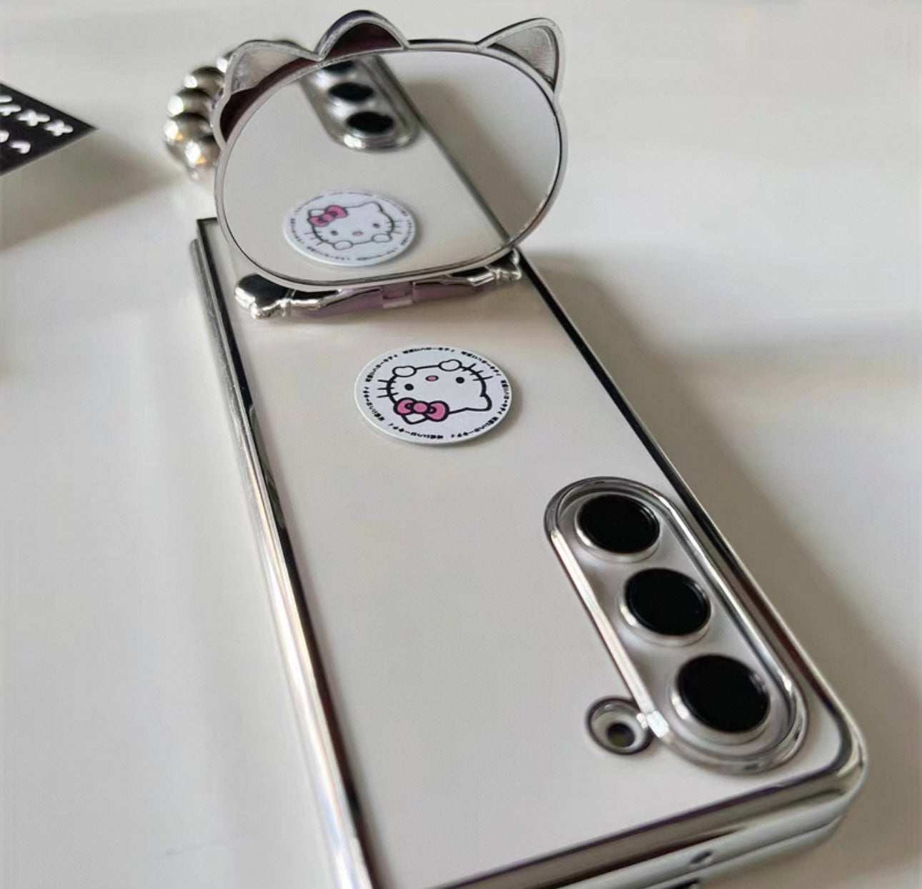 Japanese Cartoon | Silver Plating Hello Kitty with Phone Stand & Mirror - Phone Case Samsung Galaxy Z Fold 3 4 5 KawaiiGiftLand