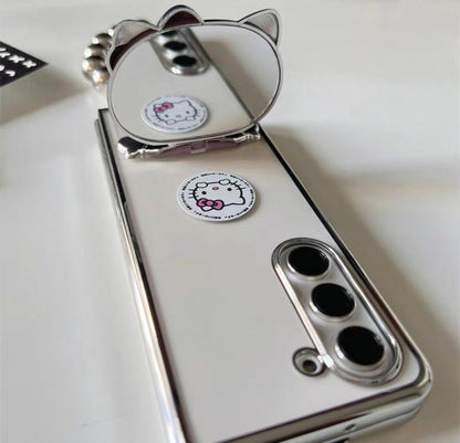 Japanese Cartoon | Silver Plating Hello Kitty with Phone Stand & Mirror - Phone Case Samsung Galaxy Z Fold 3 4 5 KawaiiGiftLand
