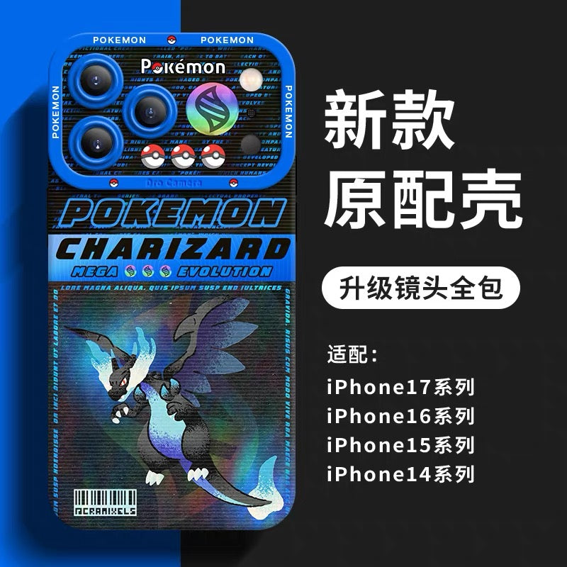Japanese Cartoon Pokemon Silicone Case MEGA Evolution Holographic Version Part1 | Charmander X Y Greninja LucarioZ Gengar Absol Dragonite Zeraora 8 Styles - iPhone Case PLUS SE2 XS XR X 11 12 13 14 15 16 16e 17 17e Pro Promax 12mini 13mini